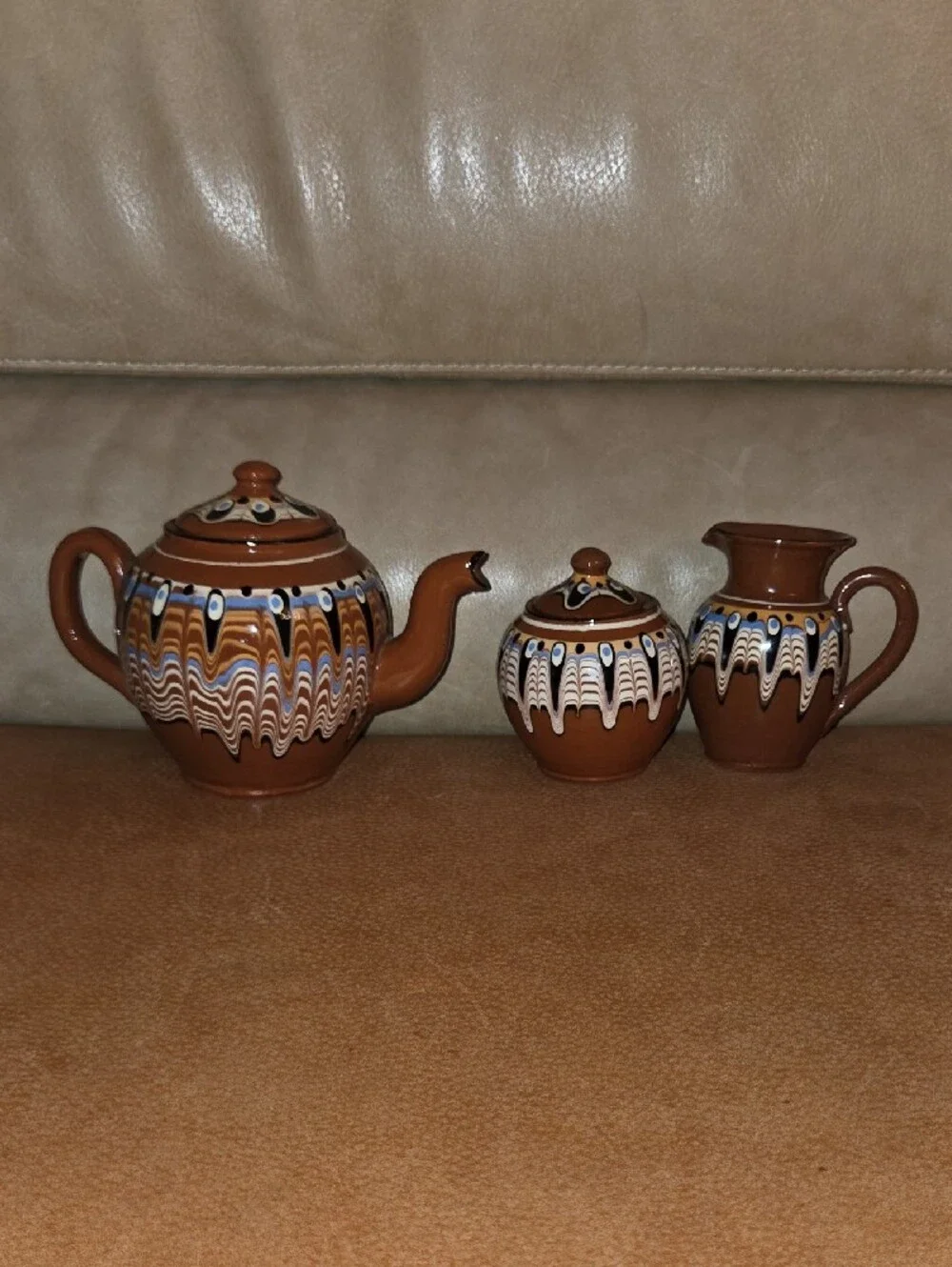 Bulgarian Troyan Hand-Painted Brown Ceramic Tea Set with White and Blue Accents